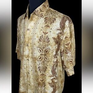 SUMMER READY TOMMY BAHAMA 100% SILK GOLD BOROQUE CAMP SHIRT SZ L RUNS BIG
